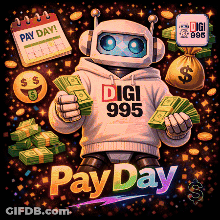 A Robot Wearing A Digi 995 Sweatshirt Is Holding Money GIF