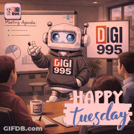 Robot Wearing Digi 995 Sweatshirt In Front Of Group GIF