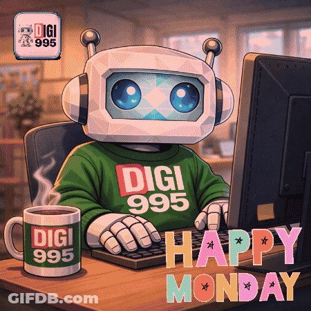 A Robot Wearing A Digi 999 Sweater Is Typing On A Keyboard GIF