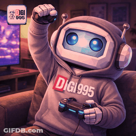 A Robot Wearing A Digi995 Hoodie Holds A Game Controller GIF