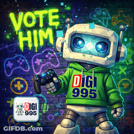 A Robot Wearing A Green Hoodie That Says Digi 995 GIF