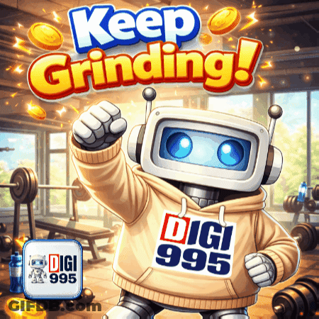 A Robot Wearing A Hoodie That Says Digi 995 On It GIF