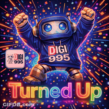 A Robot Wearing A Hoodie That Says Digi 995 GIF