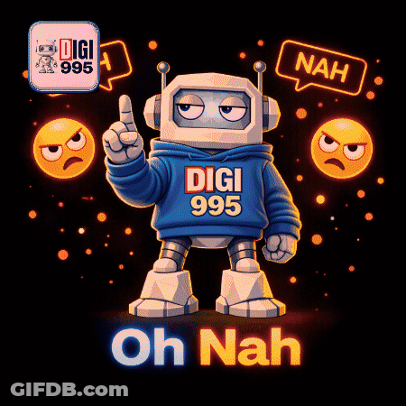 A Robot Wearing A Purple Hoodie That Says Digi 995 On It GIF