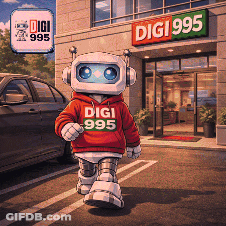 A Robot Wearing A Red Digi 995 Hoodie Walks In Front Of A Digi 995 Building GIF