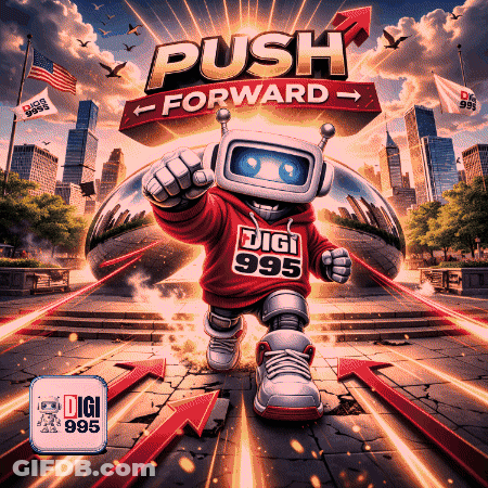 A Robot Wearing A Red Hoodie That Says Digi 995 On It GIF