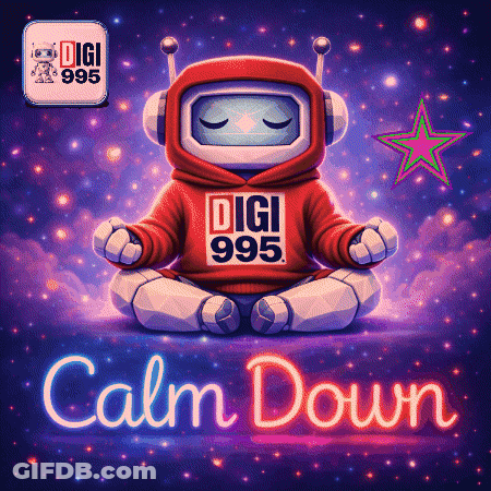 A Robot Wearing A Red Hoodie That Says Digi 995 Sits In A Lotus Position GIF