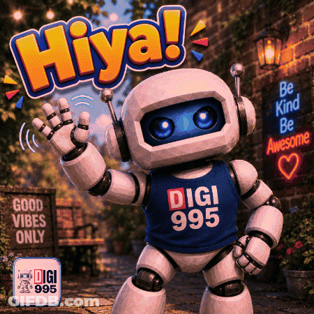 A Robot Wearing Headphones And A Blue Shirt That Says Digi 995 GIF