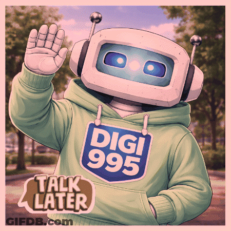 A Robot Wearing Headphones And A Digi 995 Sweatshirt GIF