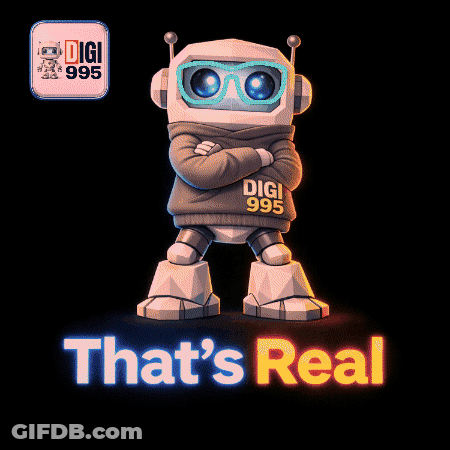 A Robot Wearing Headphones And A Sweater That Says Digi On It GIF