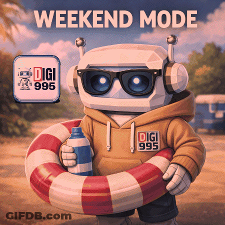 A Robot Wearing Sunglasses And Headphones Is Holding A Life Preserver And A Bottle Of Water With The Words Weekend Mode GIF