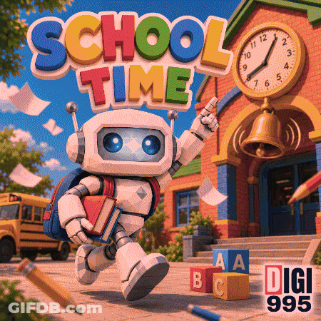 A Robot With A Backpack And Books Is In Front Of A School With The Words School Time Written Above It GIF