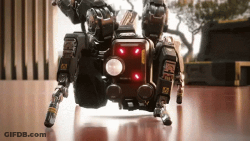 A Robot With A Flashlight And A Sticker That Says ' Warning ' GIF