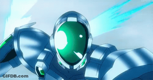 A Robot With A Green Helmet Is Flying Through The Air In A Cartoon . GIF