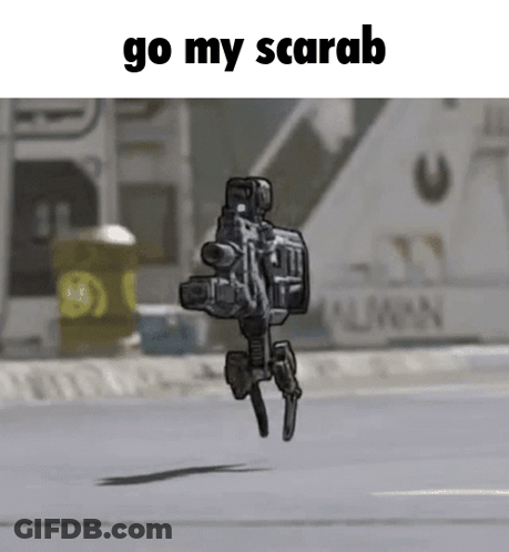 A Robot With A Gun Is Flying In The Air With The Words Go My Scarab Above It . GIF