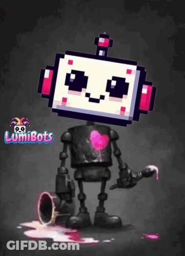 A Robot With A Heart Painted On Its Chest And The Word Lumibots On The Bottom GIF