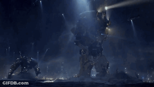 A Robot With A Helmet On Is Standing In The Water GIF