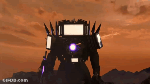 A Robot With A Purple Light Coming Out Of It 'S Chest Is Standing In The Desert . GIF