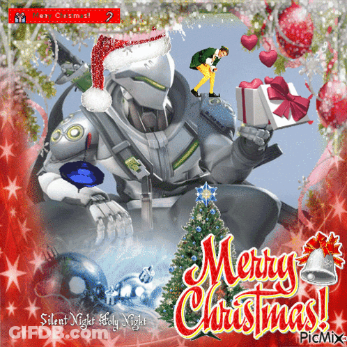 A Robot With A Santa Hat Is Holding A Gift Box And Says Merry Christmas GIF