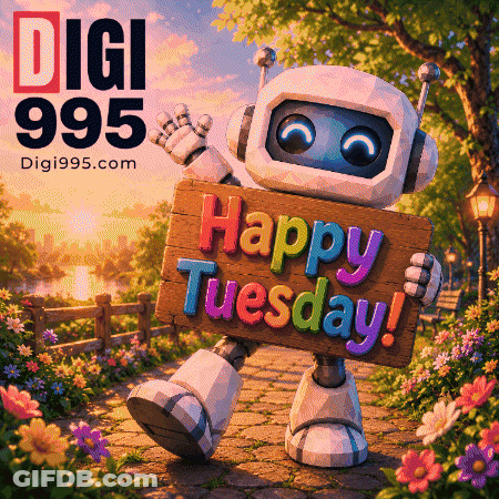 A Robot With A Sign That Says Happy Tuesday GIF