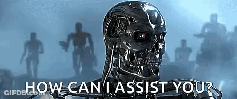 A Robot With A Skull On It Says `` How Can I Assist You '' . GIF