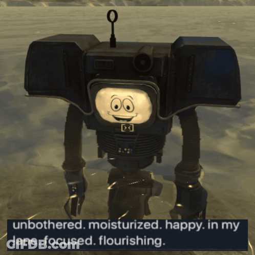 A Robot With A Smiling Face And The Words " Unbothered Moisturized Happy In My Lane Focused Flourishing " GIF