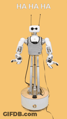 A Robot With A Striped Shirt On Is Standing In Front Of A Yellow Background That Says Ha Ha Ha GIF