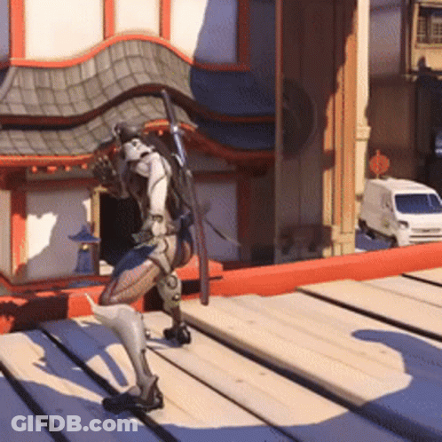 A Robot With A Sword Is Standing On A Wooden Deck GIF