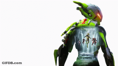 A Robot With A Waterfall In The Background And The Word Anthem On The Back GIF