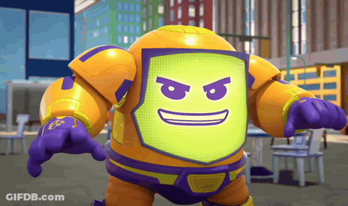 A Robot With A Yellow Face And Purple Gloves Is Pointing At Something GIF