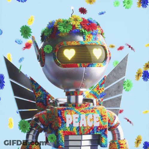 A Robot With Flowers On It 'S Head And The Word Peace On Its Chest GIF