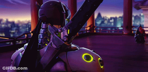A Robot With Glowing Eyes Is Holding A Sword In Front Of A City GIF