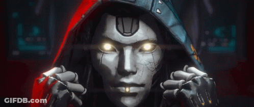 A Robot With Glowing Eyes Is Wearing A Red Cape And A Hood . GIF