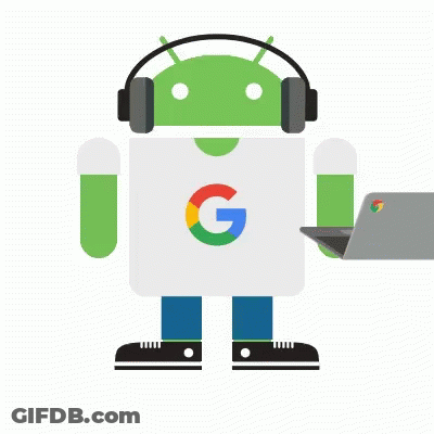 A Robot With Headphones And A Google Logo On His Shirt GIF