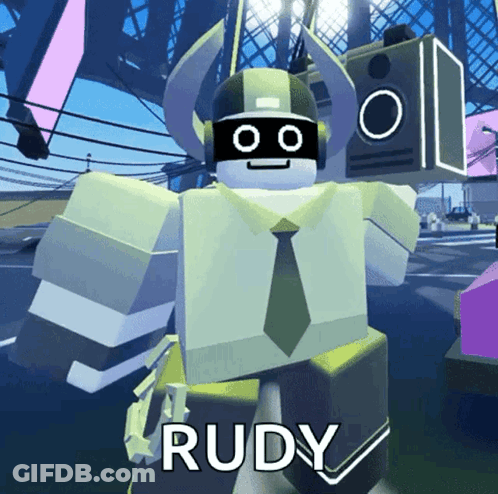 A Robot With Headphones And A Tie Named Rudy GIF