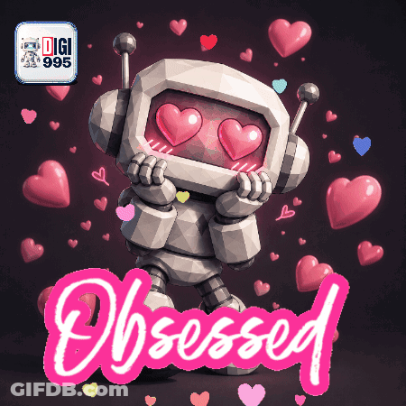 A Robot With Hearts In His Eyes And The Word Obsessed GIF