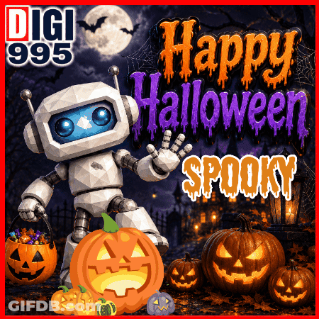 A Robot With Pumpkins And The Words Happy Halloween Spooky On It GIF