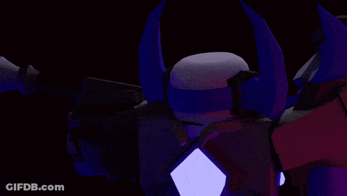 A Robot With Purple Horns Is Holding A Gun GIF