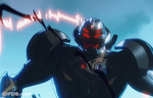A Robot With Red Eyes And A Sword In His Hand GIF