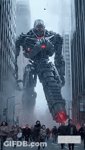 A Robot With Red Eyes Is Walking Down A Street With People GIF