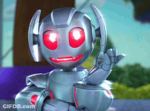 A Robot With Red Eyes Is Waving His Hand In The Air GIF