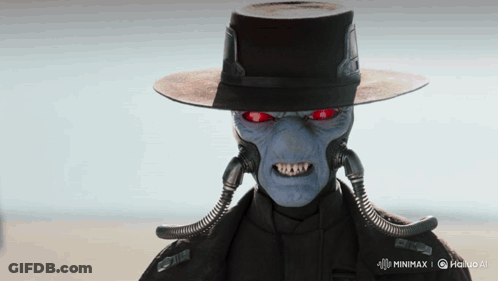 A Robot With Red Eyes Is Wearing A Black Hat And A Black Coat GIF