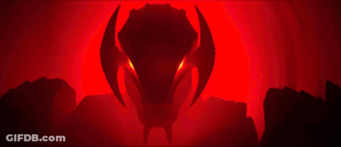 A Robot With Red Eyes Stands In Front Of A Red Background GIF