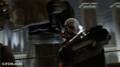 A Robot With Red Lights On It 'S Arm GIF