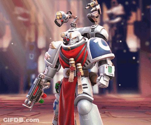 A Robot With The Letter C On It 'S Chest Is Holding A Gun GIF