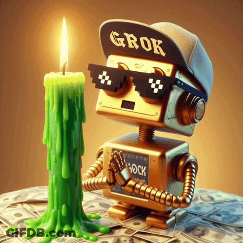 A Robot With The Word Grok On His Hat GIF