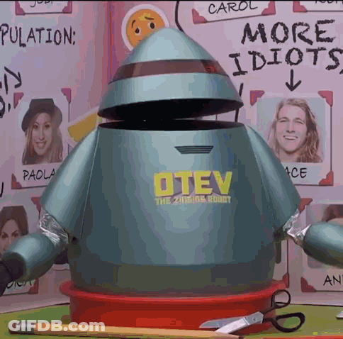 A Robot With The Word O Tev On The Front GIF