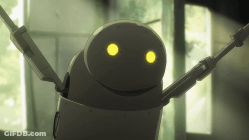 A Robot With Yellow Eyes Is Standing In A Room GIF