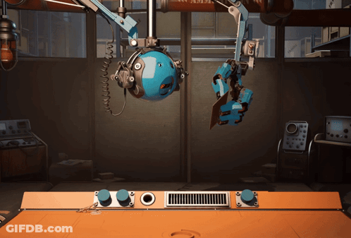 A Robotic Arm Is Holding A Blue Ball With A Face On It In A Room GIF