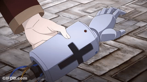 A Robotic Arm With A Cross On It Is Being Touched By A Person GIF